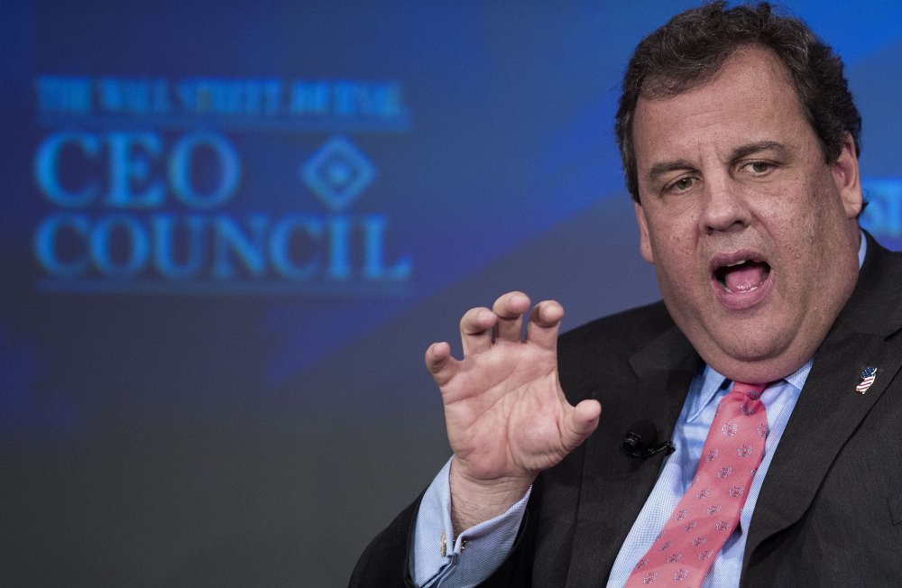 New Jersey Governor Chris Christie is interviewed by Gerard Baker (out of frame),Managing Editor, The Wall Street Journal, in this November 18, 2013 file photo in Washington, D.C.