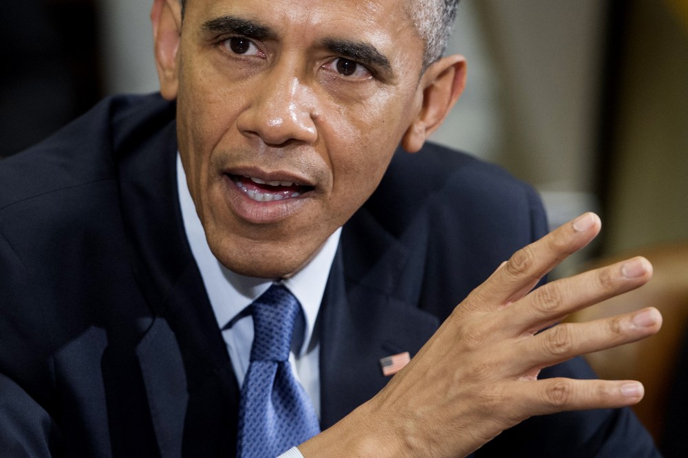 US President Barack Obama speaks during a meeting in the Roosevelt Room of the White House in Washington, DC, on Feb. 3, 2015. (Photo by Saul Loeb/AFP/Getty)