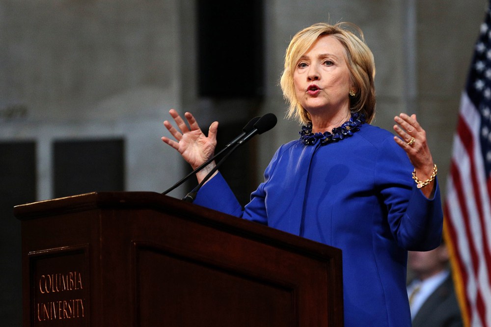 Hillary Clinton delivers the keynote address at the 18th Annual David N. Dinkins Leadership and Public Policy Forum at Columbia University, in New York on April 29, 2015. (Photo by Trevor Collens/AFP/Getty)