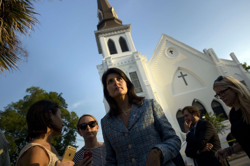 South Carolina Governor Nikki Haley waits to speak to press outside the Emanuel AME Church June 19, 2015 in Charleston, S.C. (Photo by Brendan Smialowski/AFP/Getty)