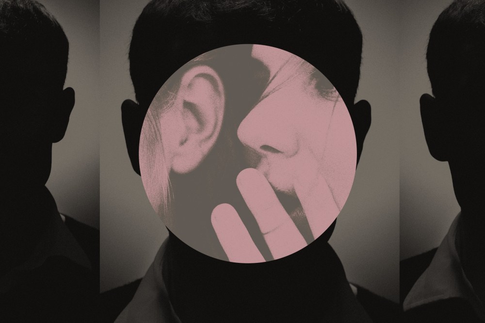 Photo illustration of shadowy man overlaid with image of woman whispering