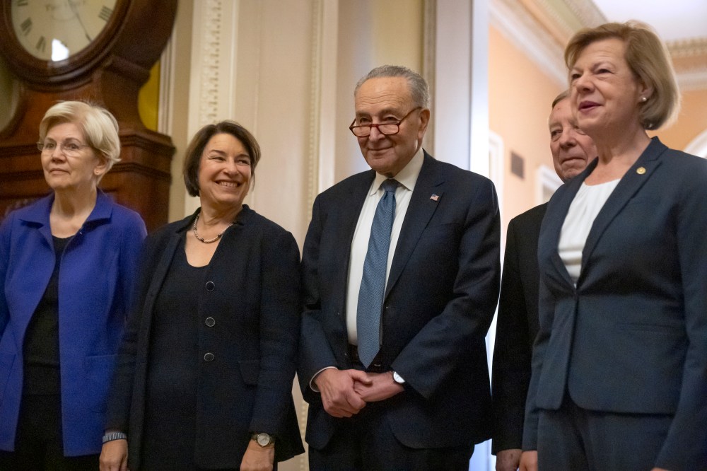 Sen. Elizabeth Warren, Sen. Amy Klobuchar, Senate Majority Leader Chuck Schumer of N.Y., Sen. Dick Durbin, and Sen. Tammy Baldwin.