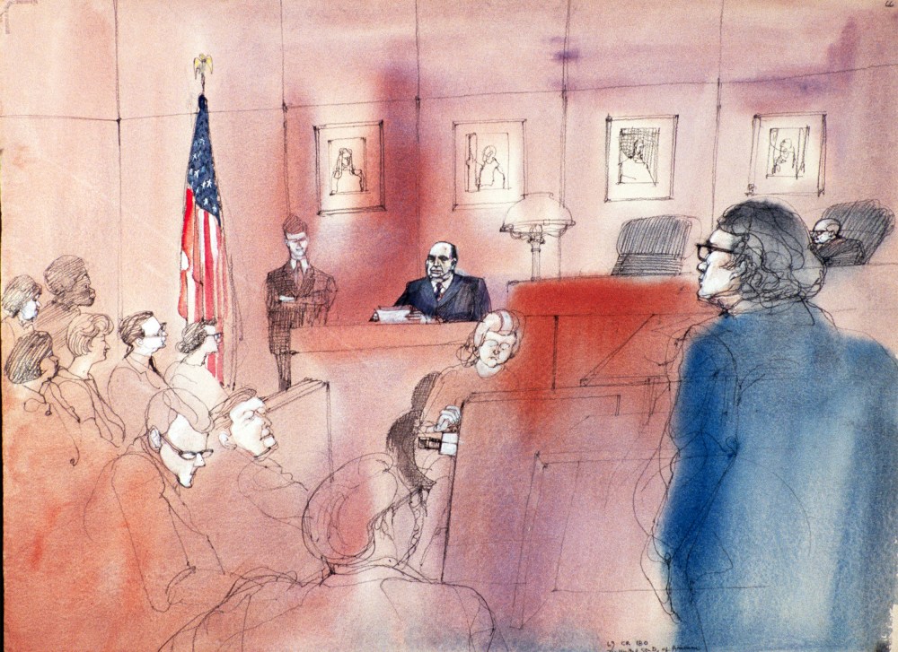 Court sketch of a trail with a stenographer in the center.