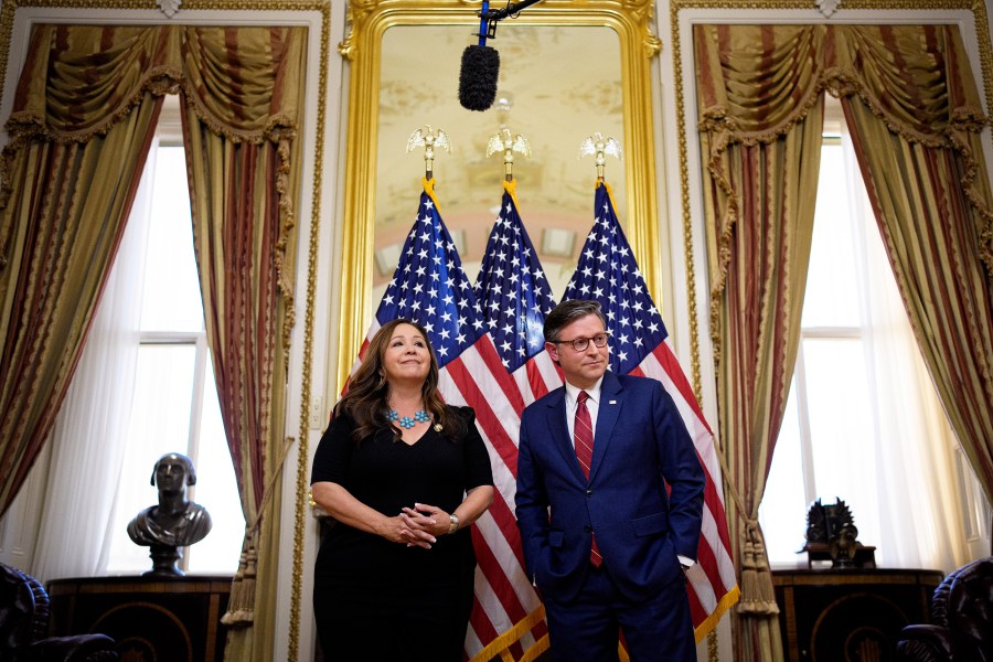 U.S. Rep. Adelita Grijalva and Speaker of the House Mike Johnson during a ceremonial swearing-in at the Capitol.