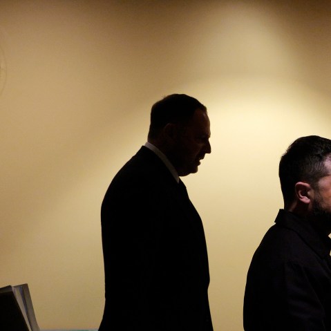 Volodymyr Zelenskyy walks to a bilateral meeting with Donald Trump at the United Nations General Assembly.