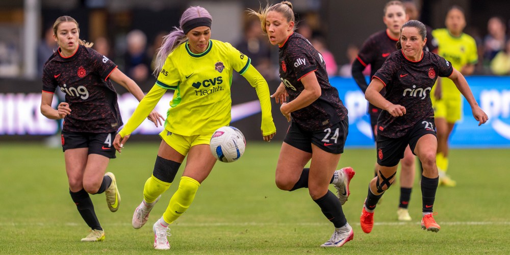 Trinity Rodman, second from left, of the Washington Spirit during a game against Portland Thorns FC in Washington, D.C.