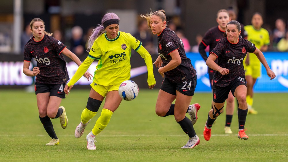 Trinity Rodman, second from left, of the Washington Spirit during a game against Portland Thorns FC in Washington, D.C.