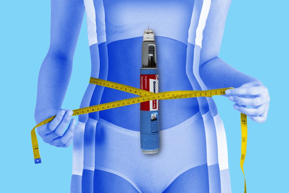 An Ozempic needle overlayed on a woman