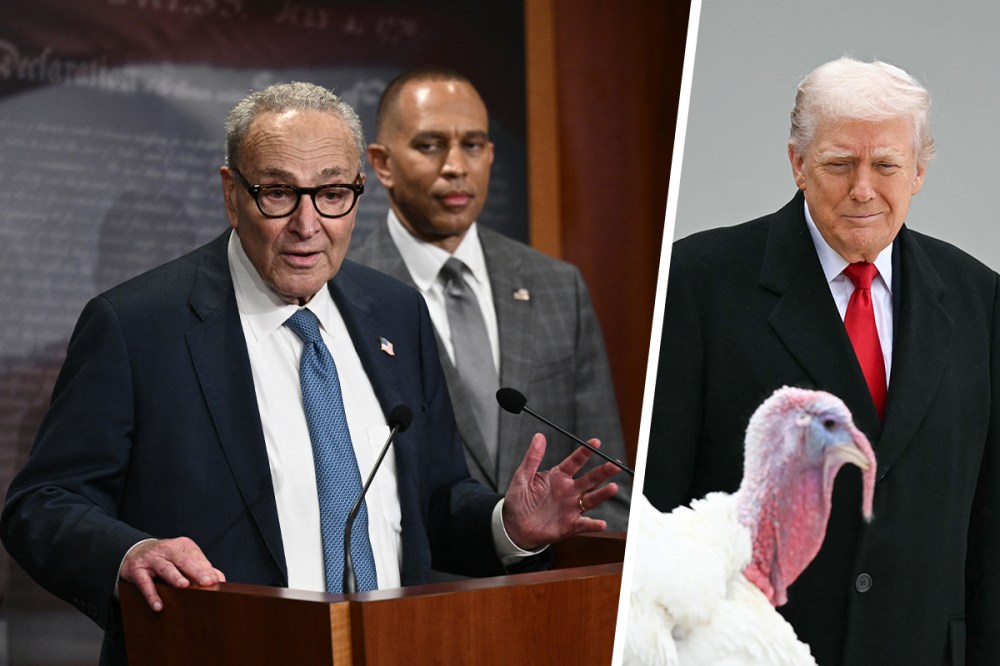 Chuck Schumer and Hakeem Jeffries; Donald Trump and Gobble, one of the National Thanksgiving turkeys.