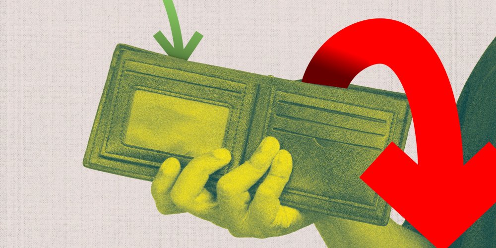 An empty wallet with a small arrow going in, and a larger arrow coming out