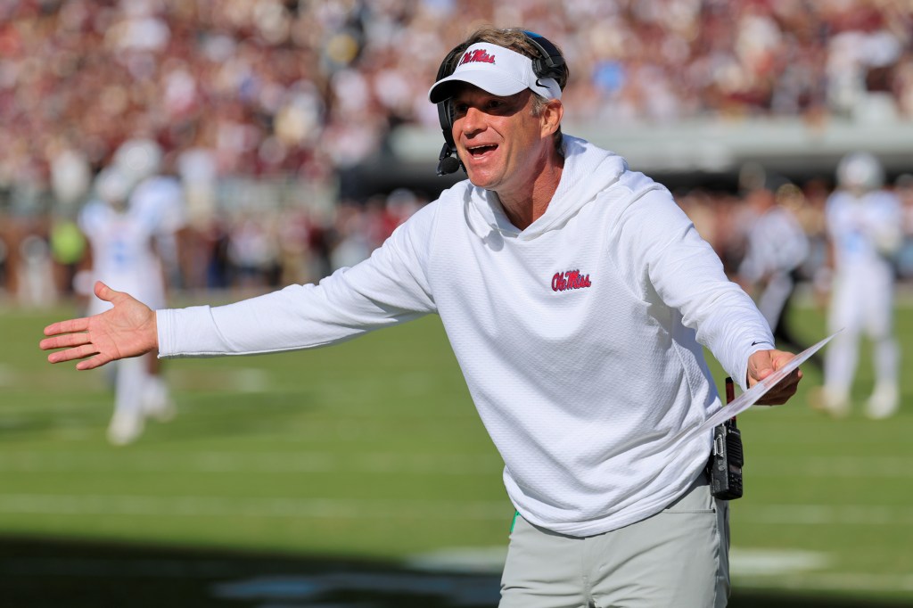 Ole Miss Rebels coach Lane Kiffin during the college football game at Davis Wade Stadium in Starkville, M.S.