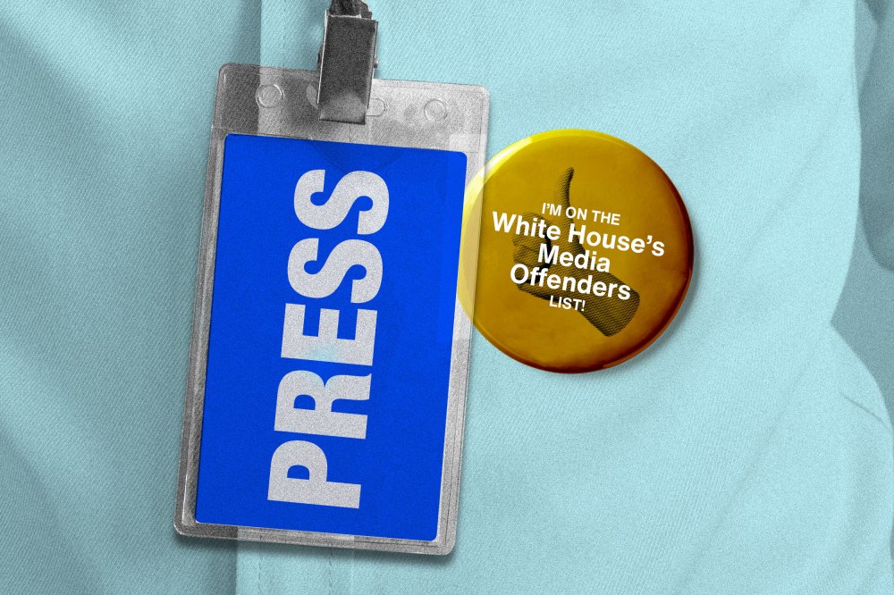 A press pass seen beside a button with a thumb's up that says "I'm on the White House Media Offender's List"