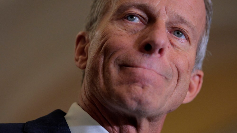 Senate Majority Leader John Thune (R-SD) speaks to reporters