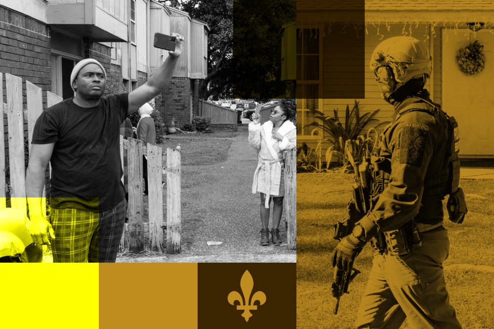 A collage of New Orleans residents filming and an federal officer