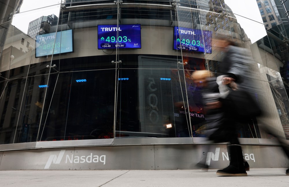 Trump Media stock market trading information seen on a television at the Nasdaq Marketplace on March 26, 2024 in NYC.