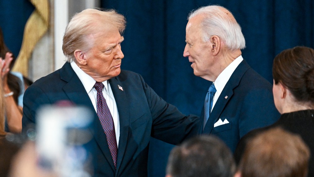 Donald Trump shakes hands with Joe Biden at Trump's inauguration on Jan. 20, 2025 in the U.S. Capitol Rotunda.