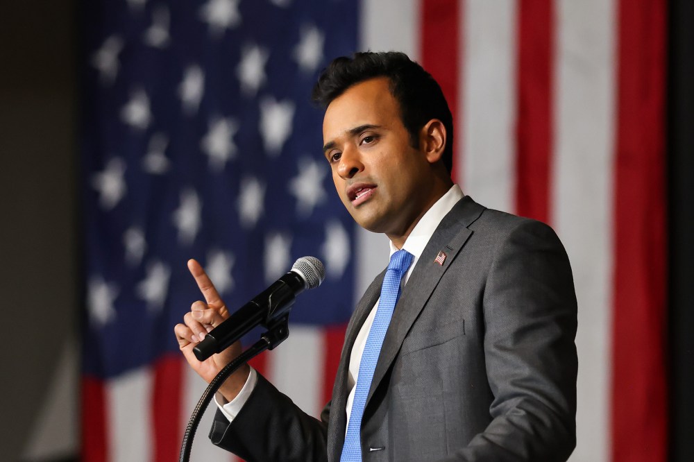 Vivek Ramaswamy speaks during a campaign rally in Toledo, O.H.
