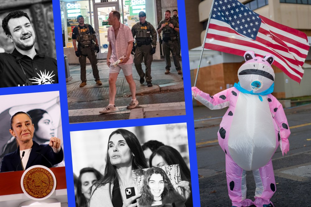 Mahmoud Khalil, Sean Charles Dunn, a demonstrator in a frog suit in Portland, Oregon, an Epstein survivor holds a picture of herself, and Claudia Sheinbaum