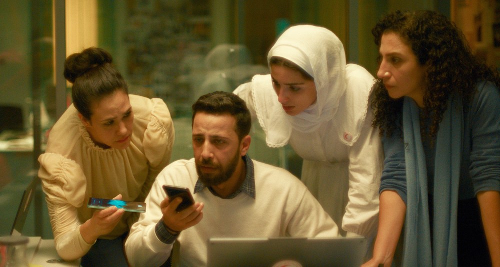 Still from "The Voice of Hind Rajab" with Motaz Malhees, Saja Kilani and Clara Khoury.