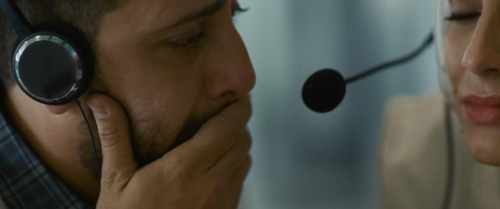 Still from "The Voice of Hind Rajab" with Motaz Malhees and Saja Kilani.