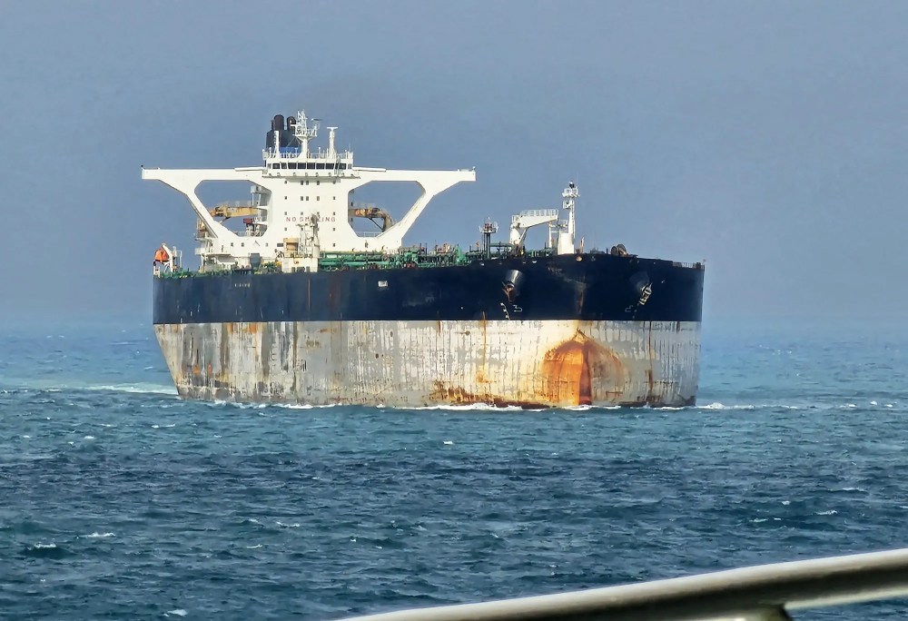 An oil tanker in the ocean.