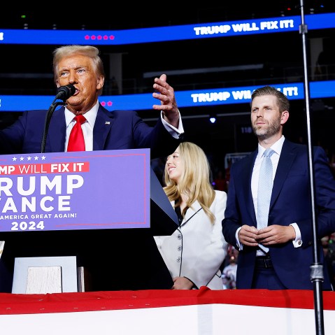 Donald Trump at a campaign rally with his children Tiffany Trump, Eric Trump, and Donald Trump Jr. in Pittsburgh.