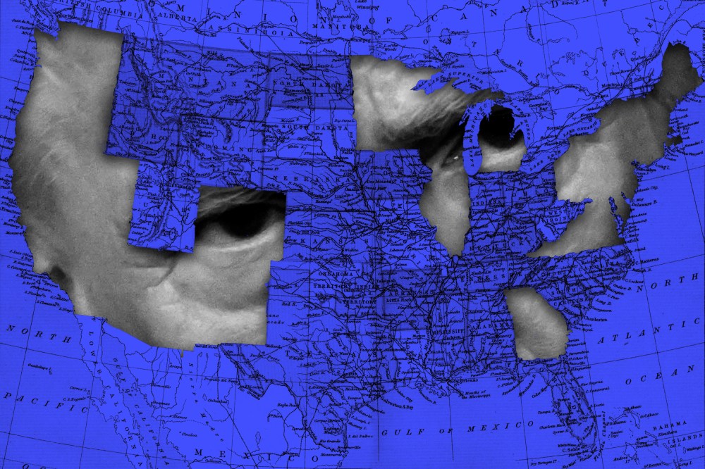 A United States map in blue shows President Trump through the blue state holes that voted for Biden in 2020.