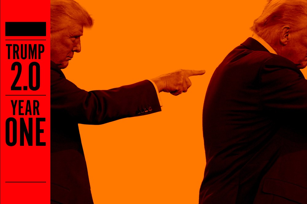An illustration of Trump pointing at his own back, as the image wraps around the border