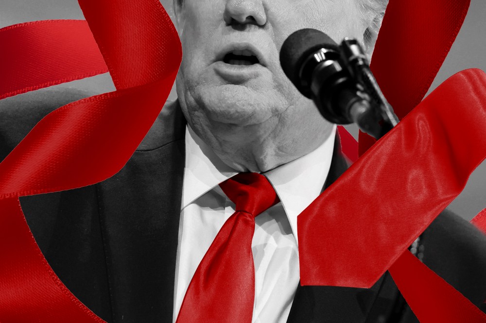 a photo illustration showing Trump with a long red tie weaving around him