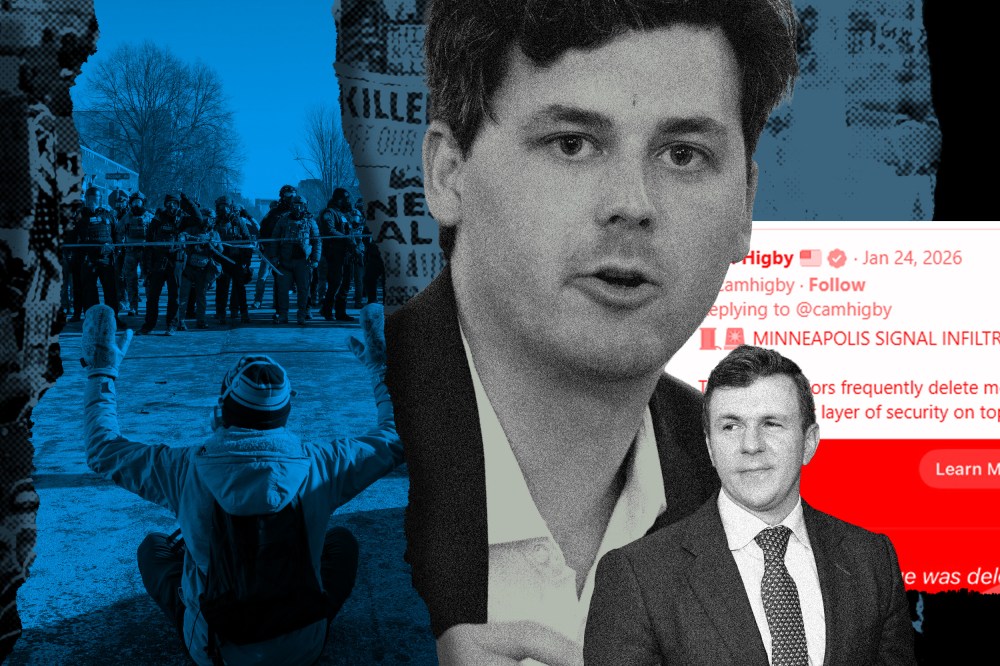 A collage showing protests in Minneapolis, Cam Higby and James O'Keefe