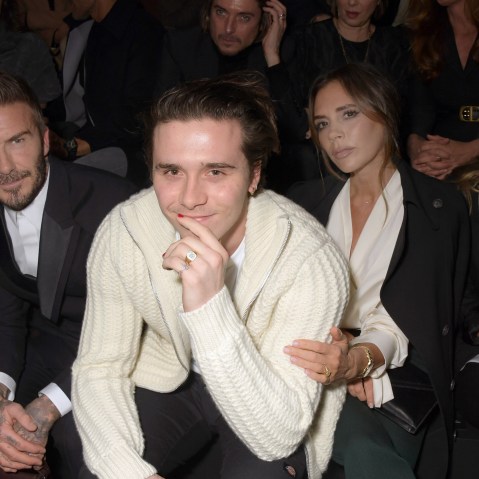 From left, David Beckham, Brooklyn Beckham and Victoria Beckham.