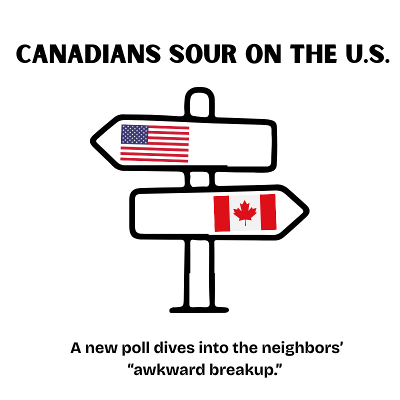 A chart that reads “Canada Sours on the U.S.” with a crossroads sign with the two countries’ flags on each post. Text reads: “A new poll dives into the neighbors ‘awkward breakup.’