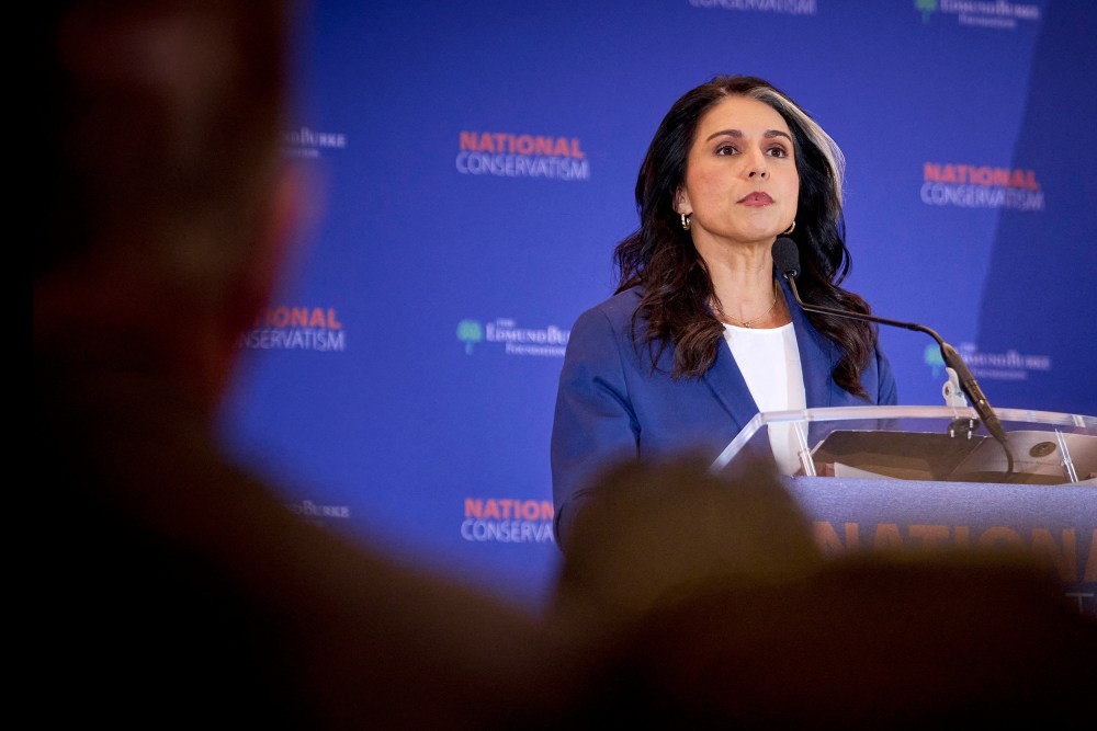 Tulsi Gabbard seen on stage through the audience's heads.