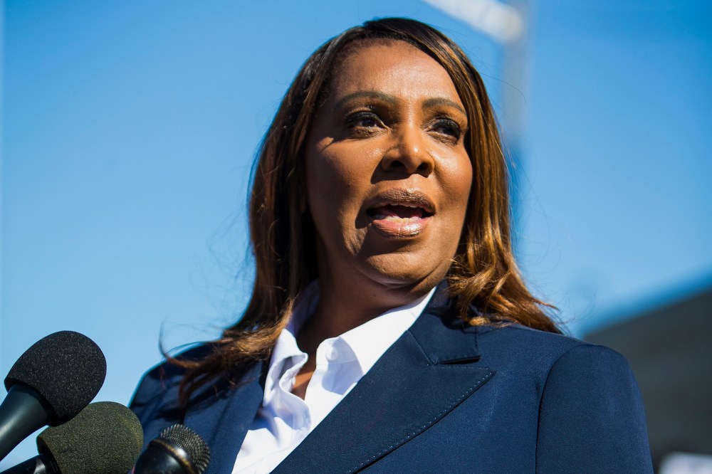 Letitia James speaks at a podium.
