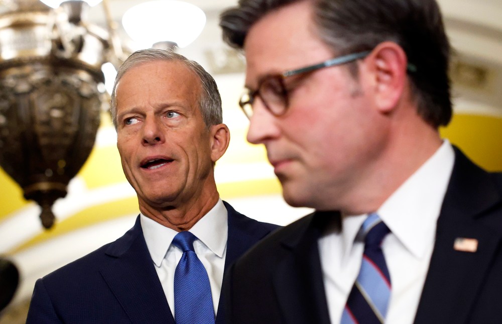 Senate Majority Leader John Thune and Speaker of the House Mike Johnson following the Republican Senate Policy Luncheon on Oct. 07, 2025 at the U.S. Capitol.
