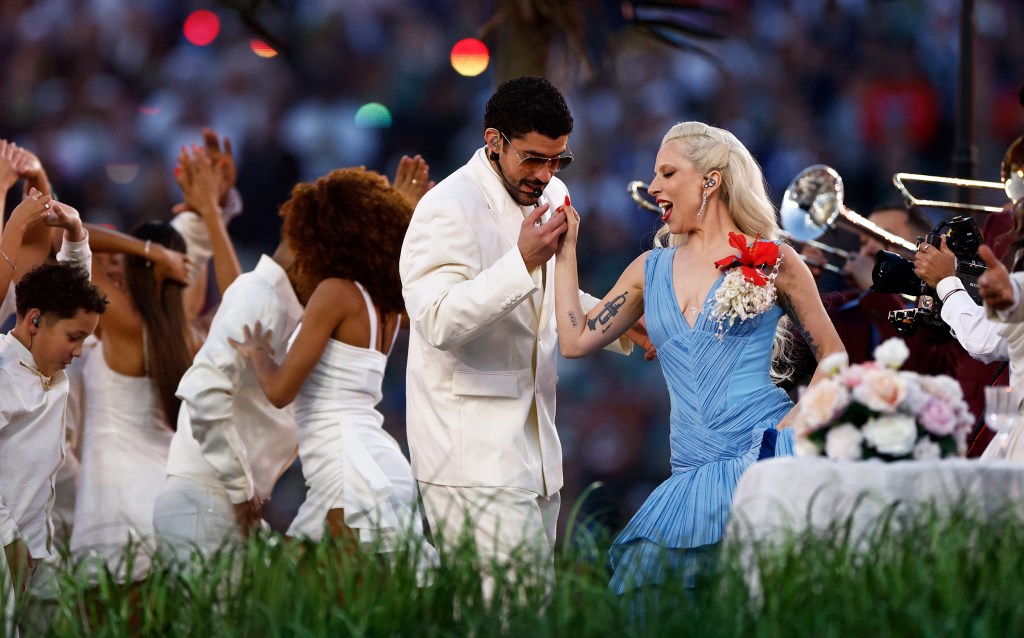 Bad Bunny and Lady Gaga perform during the NFL Super Bowl LX halftime show on Feb. 8, 2026.