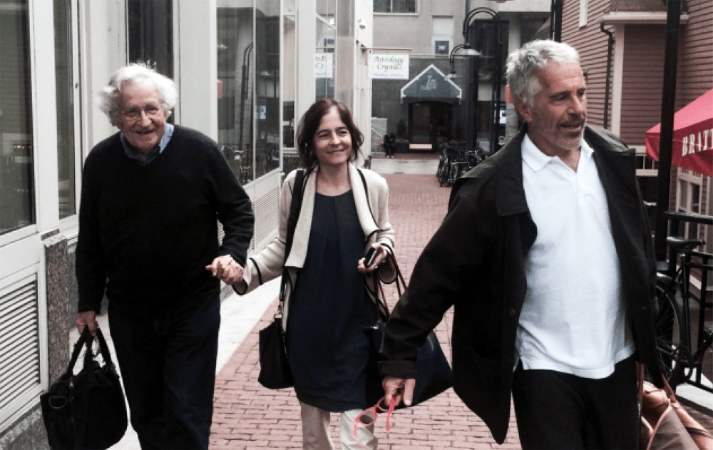 Noam Chomsky (left) with wife Valeria Wasserman and Jeffrey Epstein (right) in an undated photo.