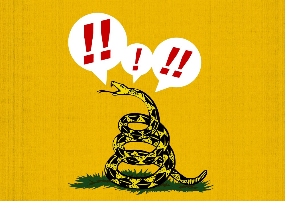 "Don't Tread On Me" snack with exclamation marks in speech bubbles above.