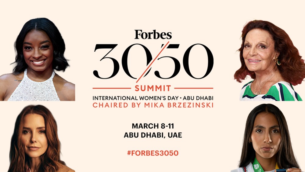 A graphic headlined "Forbes 30/50 Summit." On it, photos from (top left, clockwise) Simone Biles, Diane von Furstenburg, Sophia Bush and Diana Flores.
