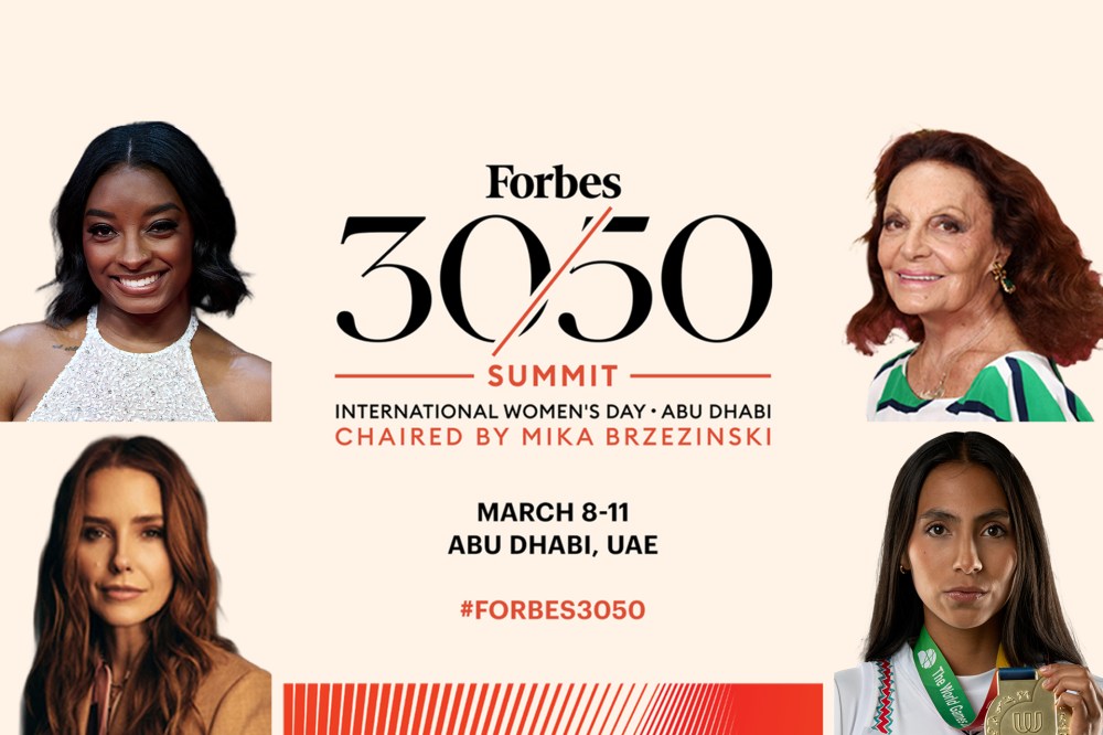 A graphic headlined "Forbes 30/50 Summit." On it, photos from (top left, clockwise) Simone Biles, Diane von Furstenburg, Sophia Bush and Diana Flores.