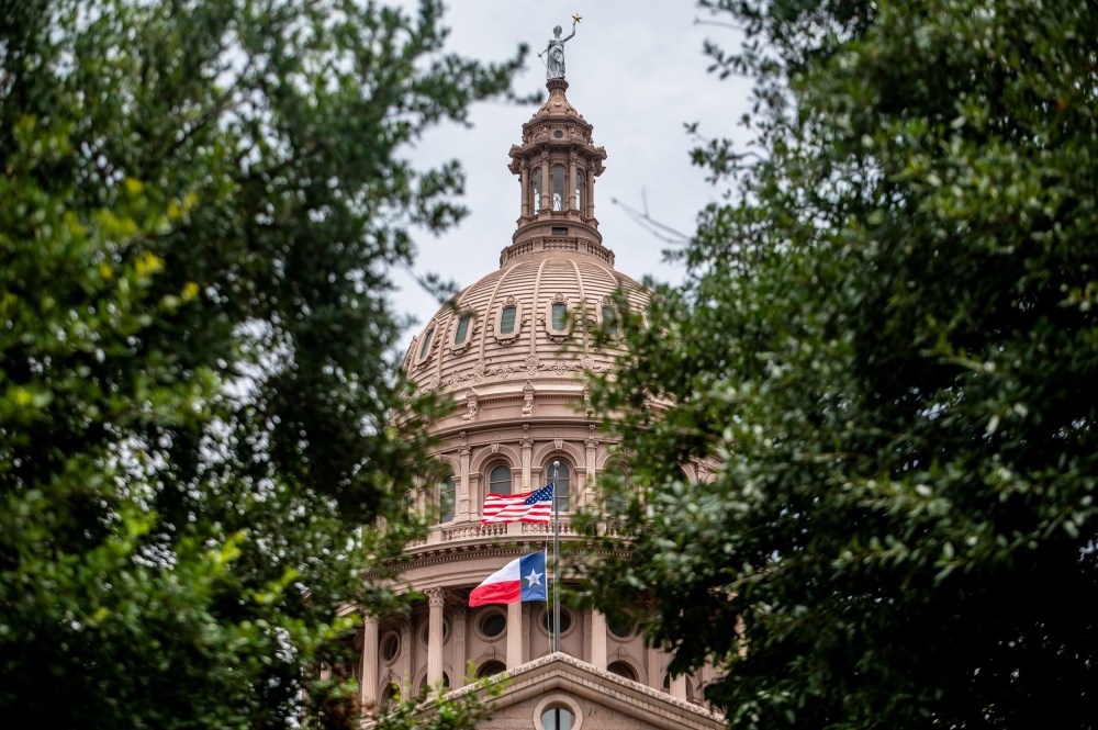 The Texas State Capitol dome peeks out from behind two trees.