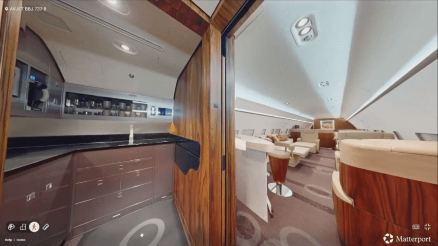 The kitchen and the main cabin of the plane.