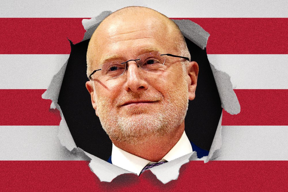 Photoillustration of Brendan Carr popping his head out of an American flag.