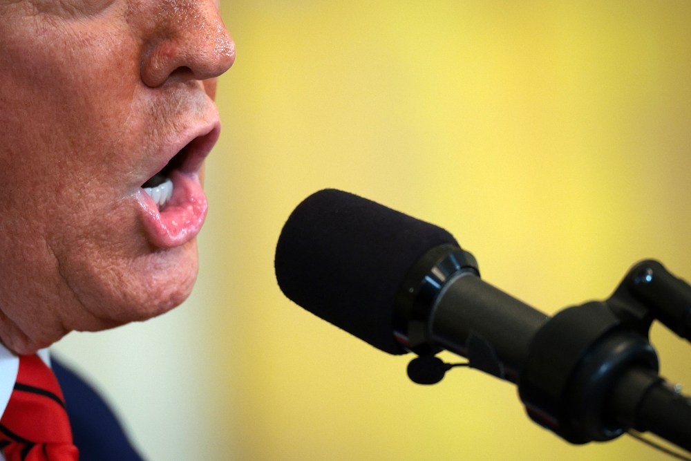 Donald Trump's open mouth is seen on the left of the frame as he speaks into the microphone seen on the right.