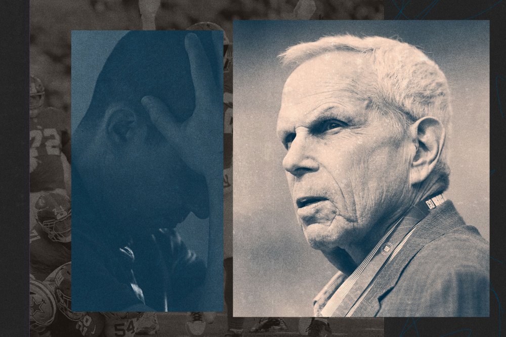 Photo illustration of Steve Tisch overlaid on an image of the Giants winning a game, next to a photo of a man with his head in his hands.