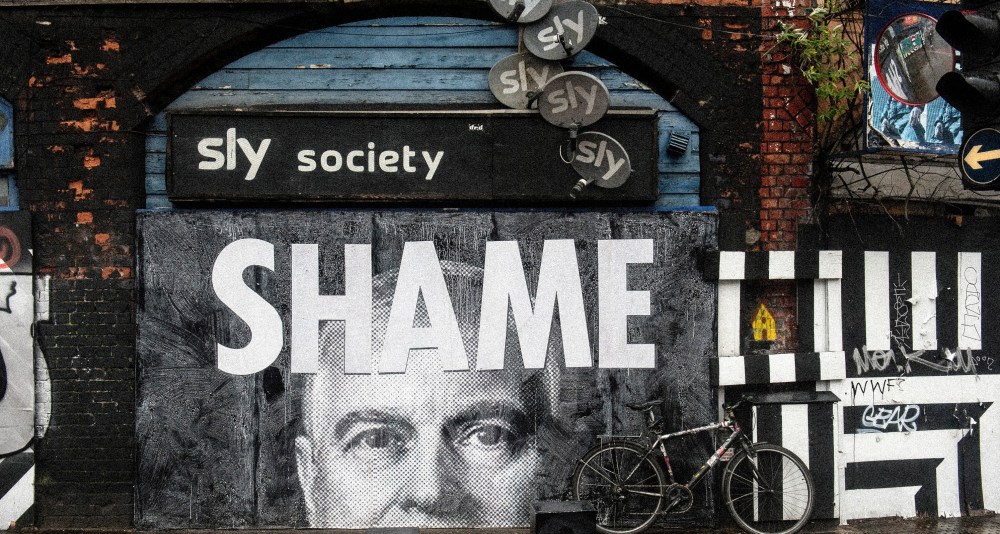 A mural of Prince Andrew, Duke of York is seen in Shoreditch on July 1, 2020 in London, England. The word SHAME is written across his face.