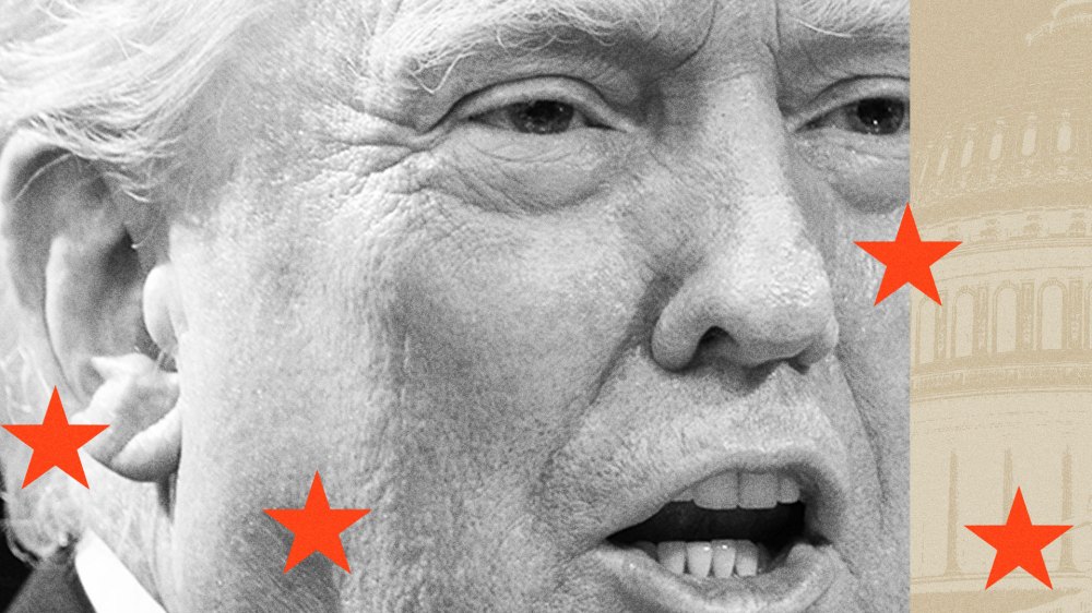 Photo illustration of Donald Trump with his mouth open. A portion of the Capitol is visible to the right, and red stars are overlayed.