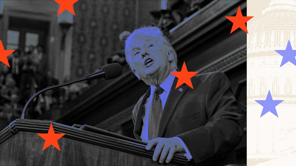 A photo illustration of Donald Trump with red and blue stars overlayed.