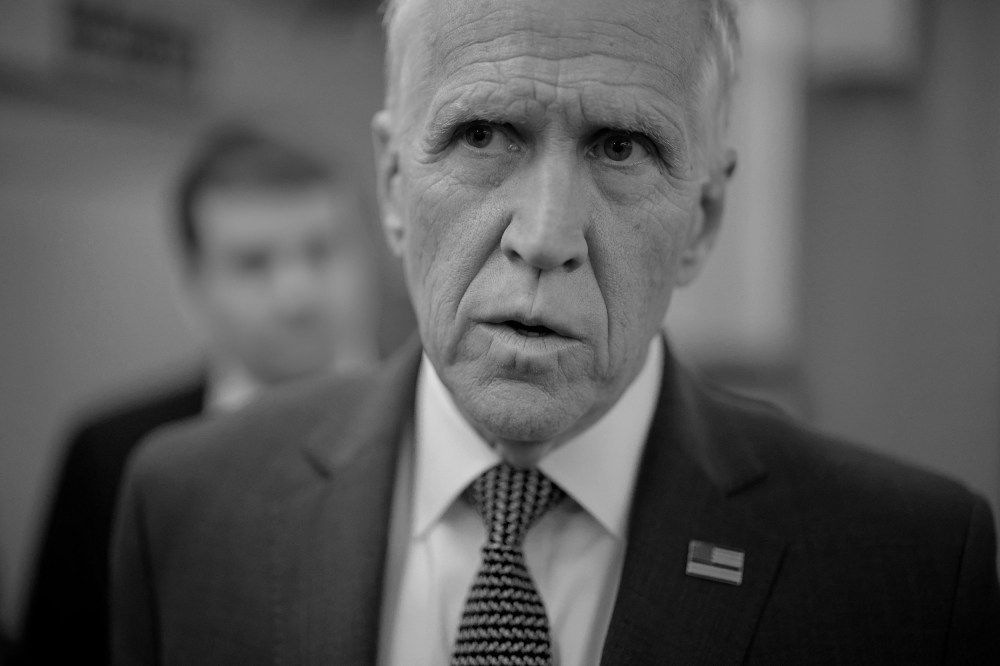 A close up of Thom Tillis in black and white.