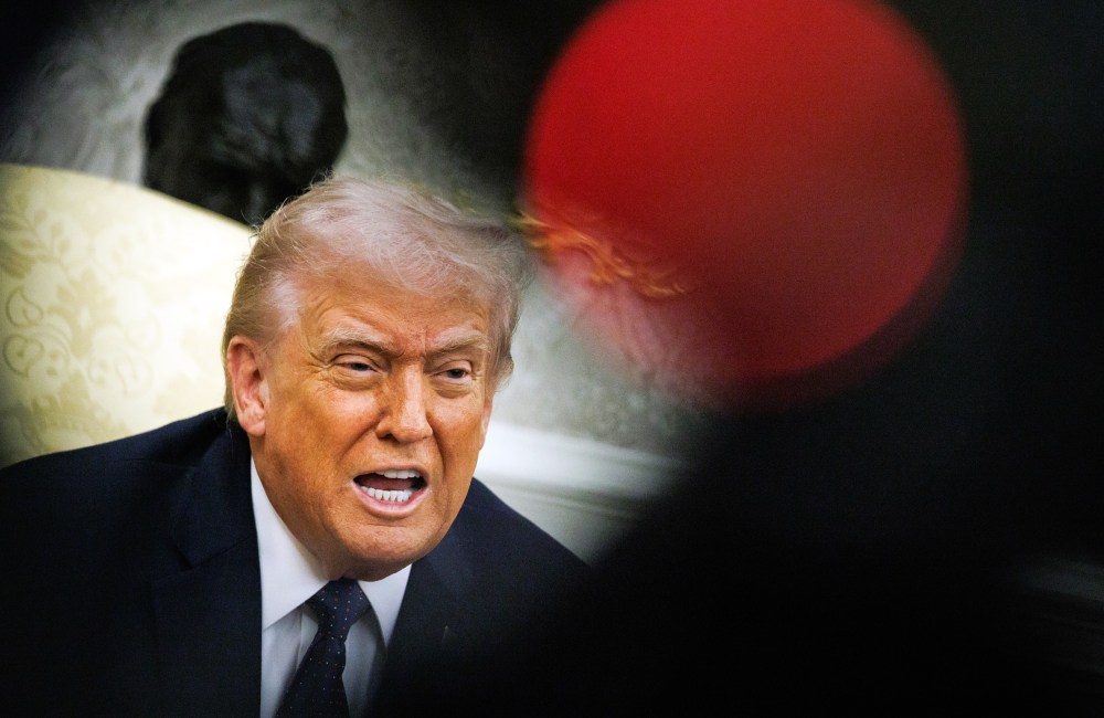 President Donald Trump speaks during a meeting.